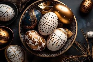 oro, negro y blanco decorado Pascua de Resurrección huevos pintado por mano en un oscuro fondo, Pascua de Resurrección, elegante mínimo composición, plano laico foto