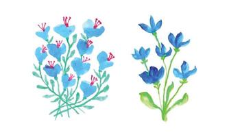 A watercolor painting of blue flowers and green leaves. Set of blue flowers on a white background vector