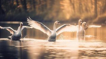 Three swans on a lake AI photo