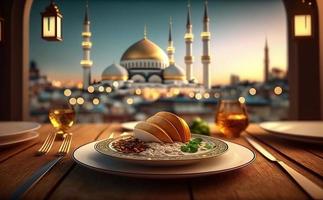 Iftar table in the month of Ramadan, a trip full of varieties of delicious Saudi Arabian food, the month of Ramadan, Ramadan Kareem, Ramadan lantern, the background of the mosque. photo