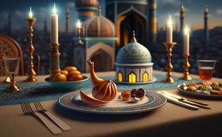 iftar mesa en el mes de ramadán, un viaje lleno de variedades de delicioso saudi árabe alimento, el mes de ramadán, Ramadán Kareem, Ramadán linterna, el antecedentes de el mezquita. foto