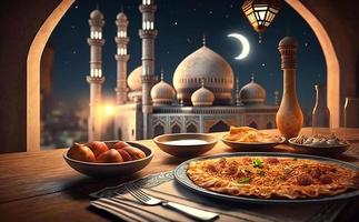 iftar mesa en el mes de ramadán, un viaje lleno de variedades de delicioso saudi árabe alimento, el mes de ramadán, Ramadán Kareem, Ramadán linterna, el antecedentes de el mezquita. foto