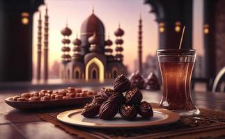 Iftar table in the month of Ramadan, a trip full of varieties of delicious Saudi Arabian food, the month of Ramadan, Ramadan Kareem, Ramadan lantern, the background of the mosque. photo