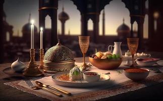 iftar mesa en el mes de ramadán, un viaje lleno de variedades de delicioso saudi árabe alimento, el mes de ramadán, Ramadán Kareem, Ramadán linterna, el antecedentes de el mezquita. foto