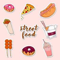 Colorful hand drawn street food stickers design. Vector illustrator