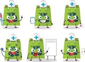 médico profesión emoticon con reciclar bolso dibujos animados personaje vector