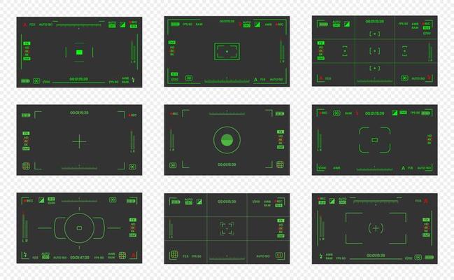 Camera viewfinder night vision video or photo frame recorder flat style design vector illustration set.