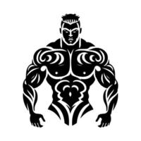 Strong muscular man, bodybuilder. Black and white vector illustration for gym logo, emblem, mascot, sign.