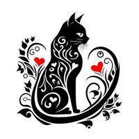 negro gato con rojo corazones en un blanco antecedentes. diseño elemento para emblema, mascota, firmar, póster, tarjeta, logo, bandera, tatuaje. aislado, negro y blanco vector ilustración.