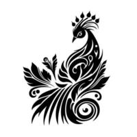 Black and white peacock bird in ornamental style. Vector illustration isolated on white background.