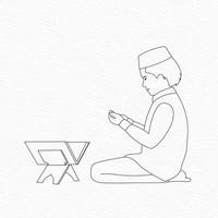 one line drawing of a muslim boy sitting for salat prayer and holy Quran infront of him vector