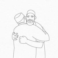 A drawing of a Muslim man hugging another man. vector