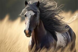 ai generado caballo corriendo mediante un campo con sus melena fluido en el viento. foto