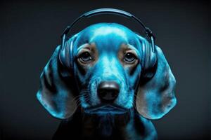 perro música auriculares azul tono. ai generado foto