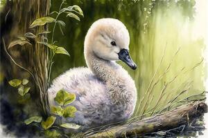 Cute cygnet in the forest. Watercolor painting of cute young swan animals. photo