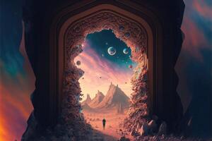 A journey beyond reality. The door to the imaginary world. photo