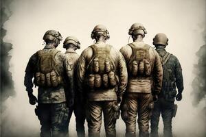 ai generado soldados, guerra, sacrificio y héroes valiente veterano espalda vista. foto