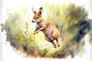 AI Generated Cute joey is jumping in forest. Watercolor painting of cute kangaroo wild animals. photo