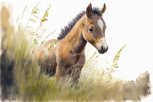 AI Generated Cute foal is playing on grass. Watercolor painting of cute horse farm animals. photo