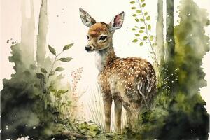 Cute fawn in forest. Watercolor painting of cute deer wild animals. photo