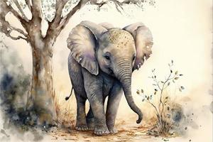 AI Generated Cute baby elephant is walking in forest. Watercolor painting of cute calf wild animals. photo