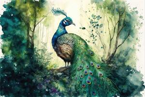 AI Generated Cute peacock spreading wings in the forest. Watercolor painting of cute bird animals. photo