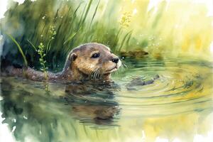 Cute otter is playing in lake. Watercolor painting of cute otter wild animals. photo