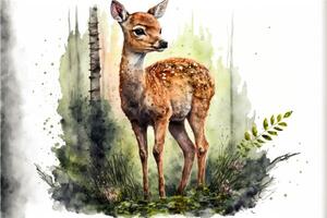 AI Generated Cute fawn in forest. Watercolor painting of cute deer wild animals. photo