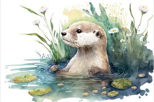 AI Generated Cute otter is playing in lake. Watercolor painting of cute otter wild animals. photo