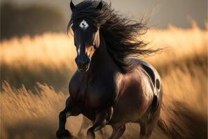 ai generado caballo corriendo mediante un campo con sus melena fluido en el viento. foto