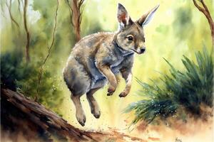 AI Generated Cute joey is jumping in forest. Watercolor painting of cute kangaroo wild animals. photo