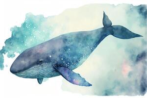 AI Generated Cute whale in the ocean. Watercolor painting of cute aquatic animals. photo