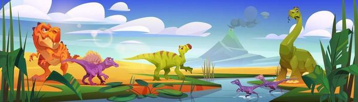 Cartoon dinosaurs drinking water from river vector