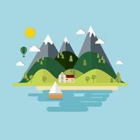 verano paisaje. el aislado naturaleza paisaje con montañas, sierras, río y arboles plano estilo vector ilustración. ecológico conceptos. ambientalmente simpático mundo. antecedentes.