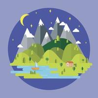 Summer landscape. The isolated nature landscape with mountains, hills, river and trees.  Flat style vector illustration. Ecological concepts. Environmentally friendly world. Background.