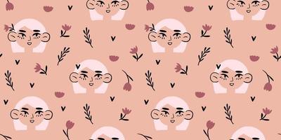 Vector seamless pattern with romantic girls portraits with simple minimalistic flowers and hearts on beige background. Valentines day pattern. Vector illustration