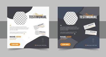 Client testimonial and feedback review template bundle with dark and yellow colors. Customer satisfaction and work review poster set vector for marketing. Business promotion website layout collection