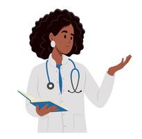 Black female doctor in medical gown. A family doctor is pointing to something while holding a notebook. vector