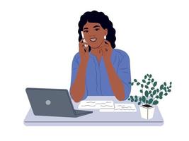 Manager is talking to a customer during a phone call. A black woman is talking on the phone at work in the office. Vector flat illustration.