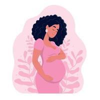 A woman in anticipation of motherhood. Mother's Day. Healthy pregnancy. Beautiful pregnant woman hugs her belly. vector