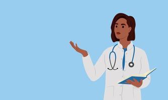 A black female doctor in a white coat is pointing at something. Banner for hospital and clinic. vector