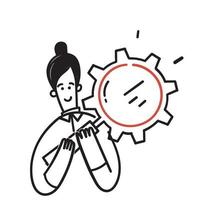 hand drawn doodle person holding magnifying glass with gear cog illustration vector