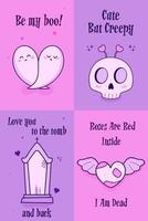 Set of alternative Valentine cards and posters. Creepy clipart. Spooky love. Kawaii pastel goth style. Dead inside. Ragged heart with seam. Be my boo. Ghost couple hugging love. vector