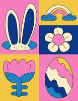 Graphic poster for Easter. Retro cartoon style. Bunny ears, rainbow, egg, flowers. Hippie design. Festive concept. vector