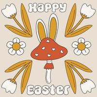 Trippy retro greeting card. Happy Easter. Fly agaric mushroom with flowers. Weird fungus with rabbit ears. Positive composition in cartoon style. Hippie aesthetic. vector