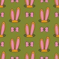 Easter seamless pattern. Rabbit ears popped out of a hole. Cute bow tie. Retro cartoon style. Trippy hippie aesthetic. vector