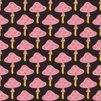 Cute pink mushrooms. Seamless pattern. Fungus with hearts. Retro cartoon style. Hippie design. Dark background. vector