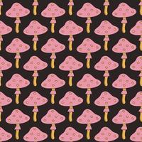 Cute pink mushrooms. Seamless pattern. Fungus with hearts. Retro cartoon style. Hippie design. Dark background. vector