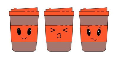 Coffee paper cup emoticons set with different faces and expressions. vector