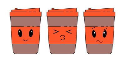 café papel taza emoticones conjunto con diferente caras y expresiones vector